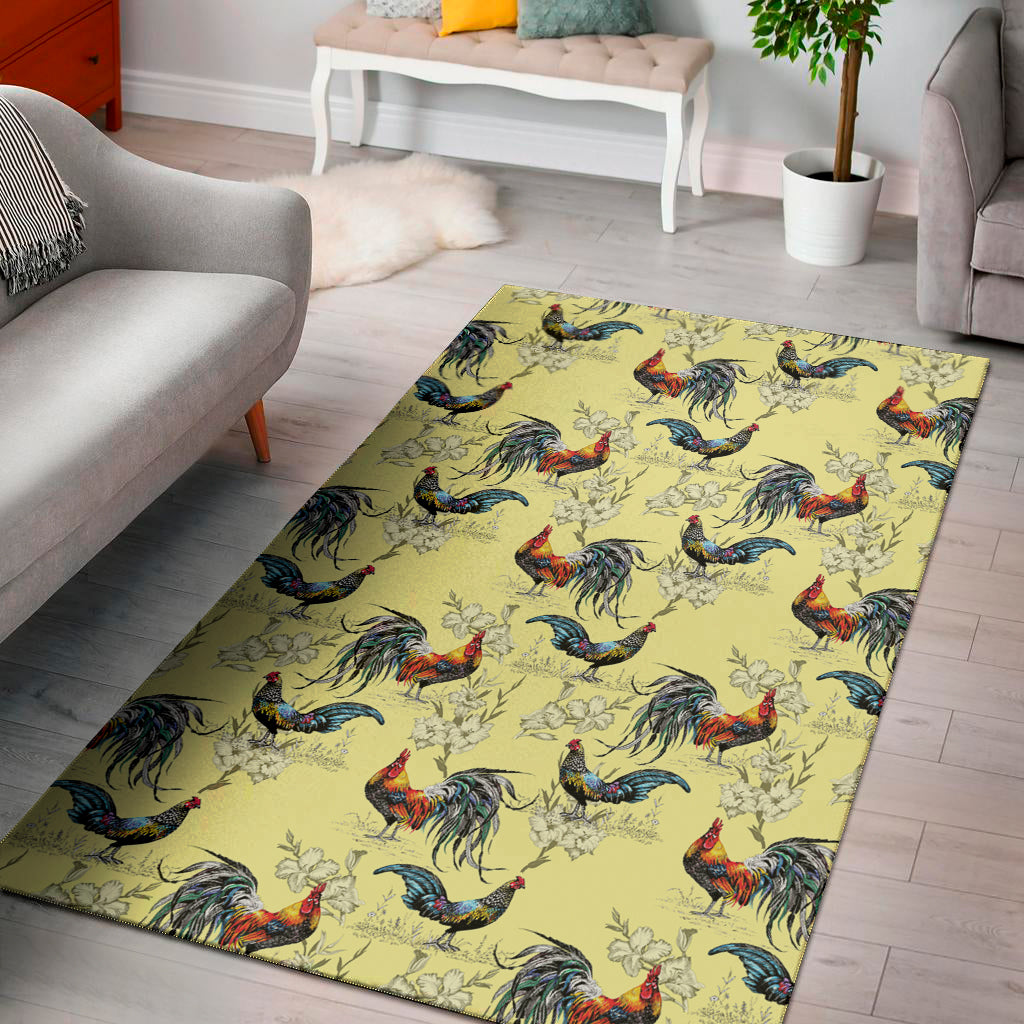 Rooster And Flower Pattern Print Area Rug