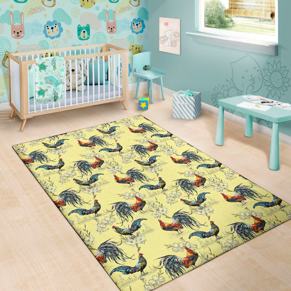 Rooster And Flower Pattern Print Area Rug