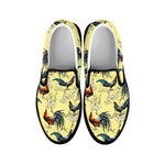 Rooster And Flower Pattern Print Black Slip On Shoes