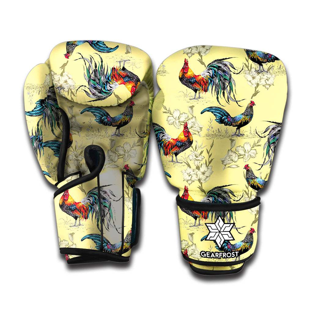 Rooster And Flower Pattern Print Boxing Gloves