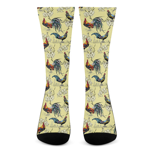 Rooster And Flower Pattern Print Crew Socks