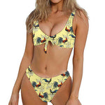 Rooster And Flower Pattern Print Front Bow Tie Bikini