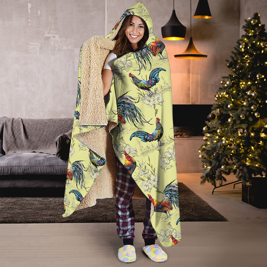 Rooster And Flower Pattern Print Hooded Blanket