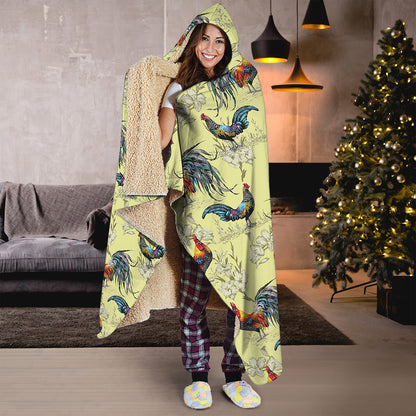 Rooster And Flower Pattern Print Hooded Blanket
