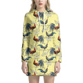 Rooster And Flower Pattern Print Pullover Hoodie Dress