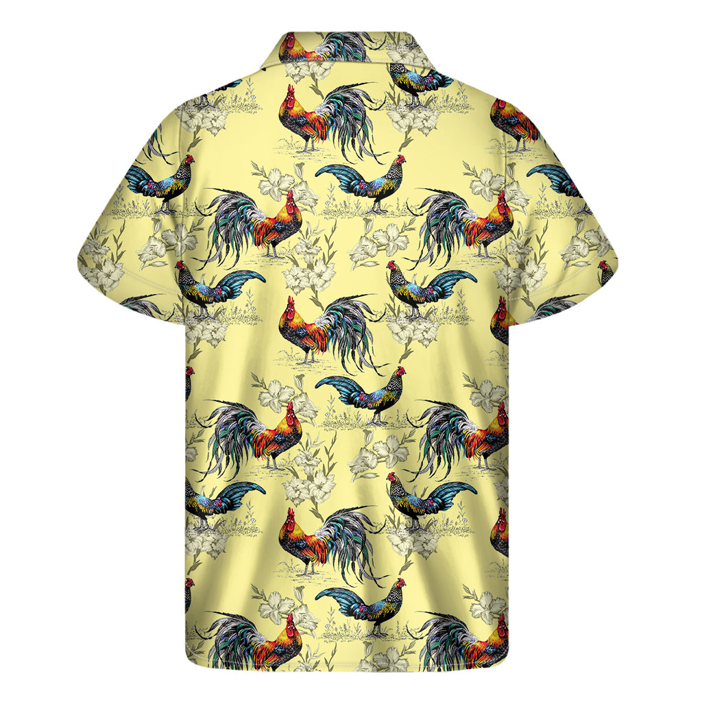 Rooster And Flower Pattern Print Men's Short Sleeve Shirt