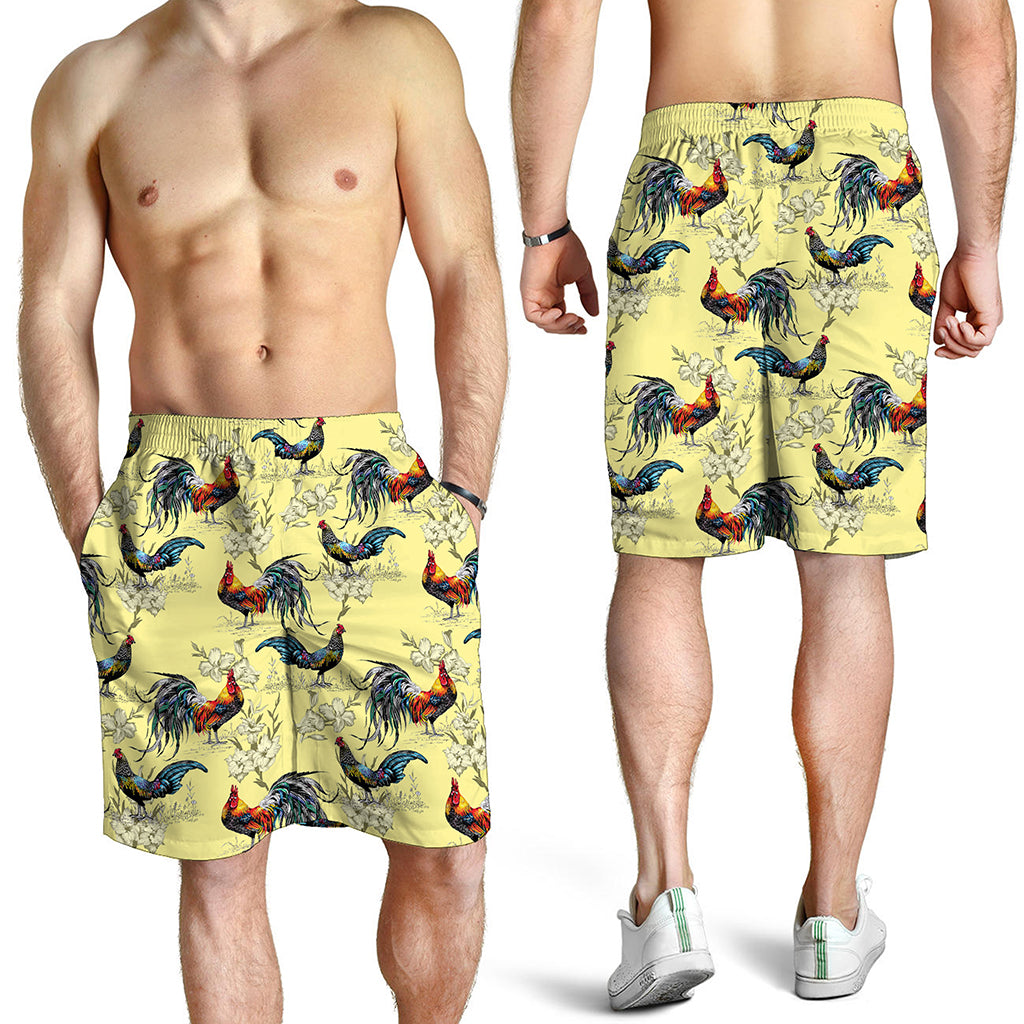 Rooster And Flower Pattern Print Men's Shorts