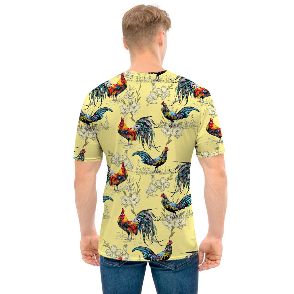 Rooster And Flower Pattern Print Men's T-Shirt