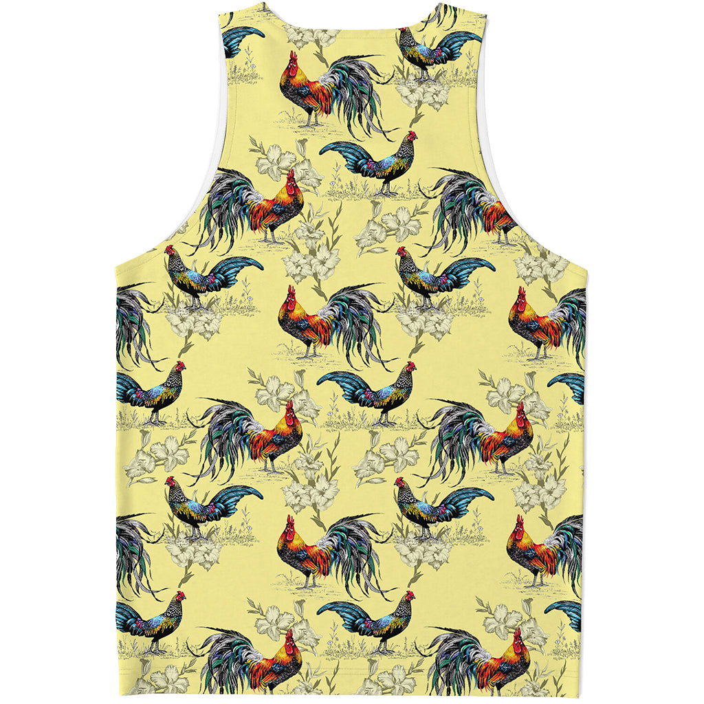 Rooster And Flower Pattern Print Men's Tank Top