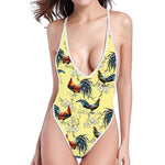 Rooster And Flower Pattern Print One Piece High Cut Swimsuit