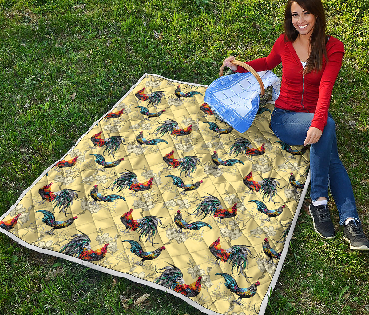 Rooster And Flower Pattern Print Quilt