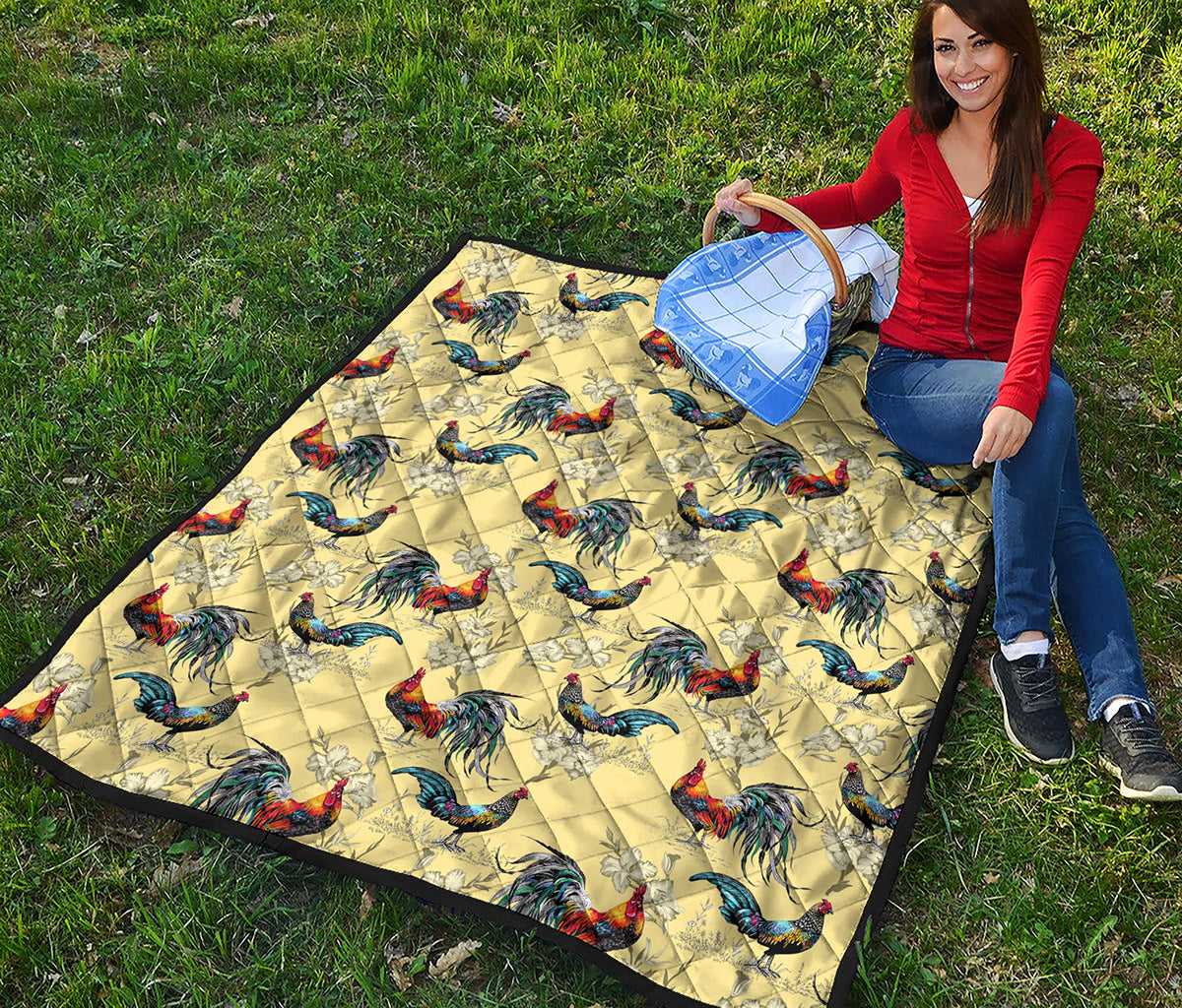 Rooster And Flower Pattern Print Quilt