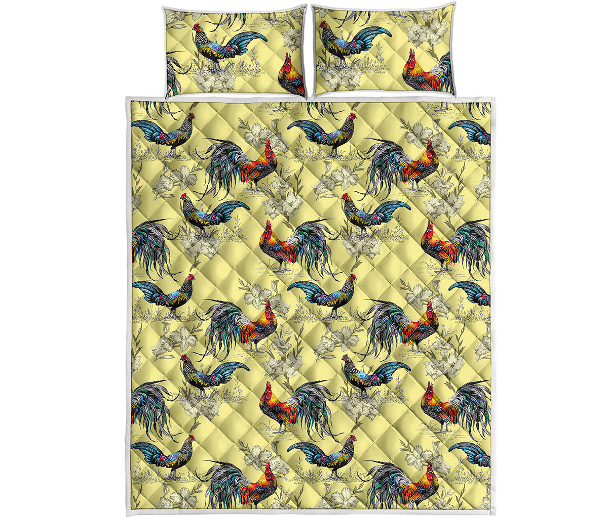 Rooster And Flower Pattern Print Quilt Bed Set