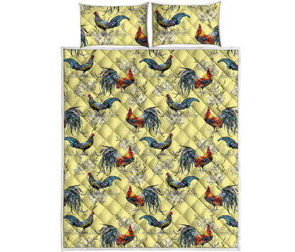 Rooster And Flower Pattern Print Quilt Bed Set