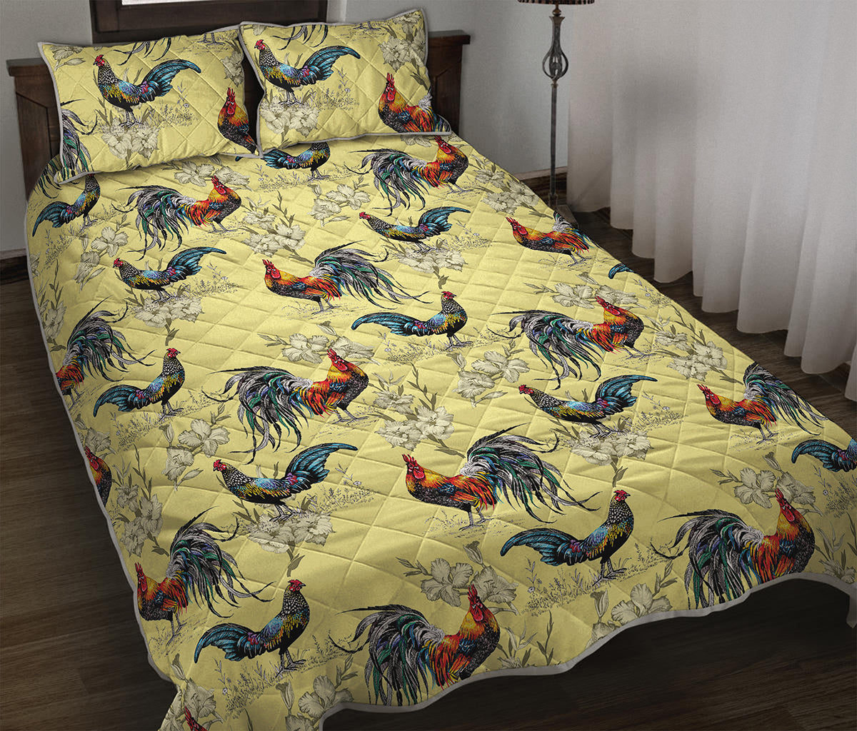 Rooster And Flower Pattern Print Quilt Bed Set