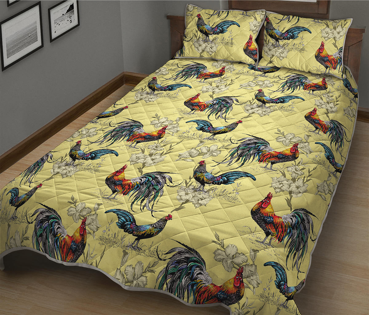Rooster And Flower Pattern Print Quilt Bed Set