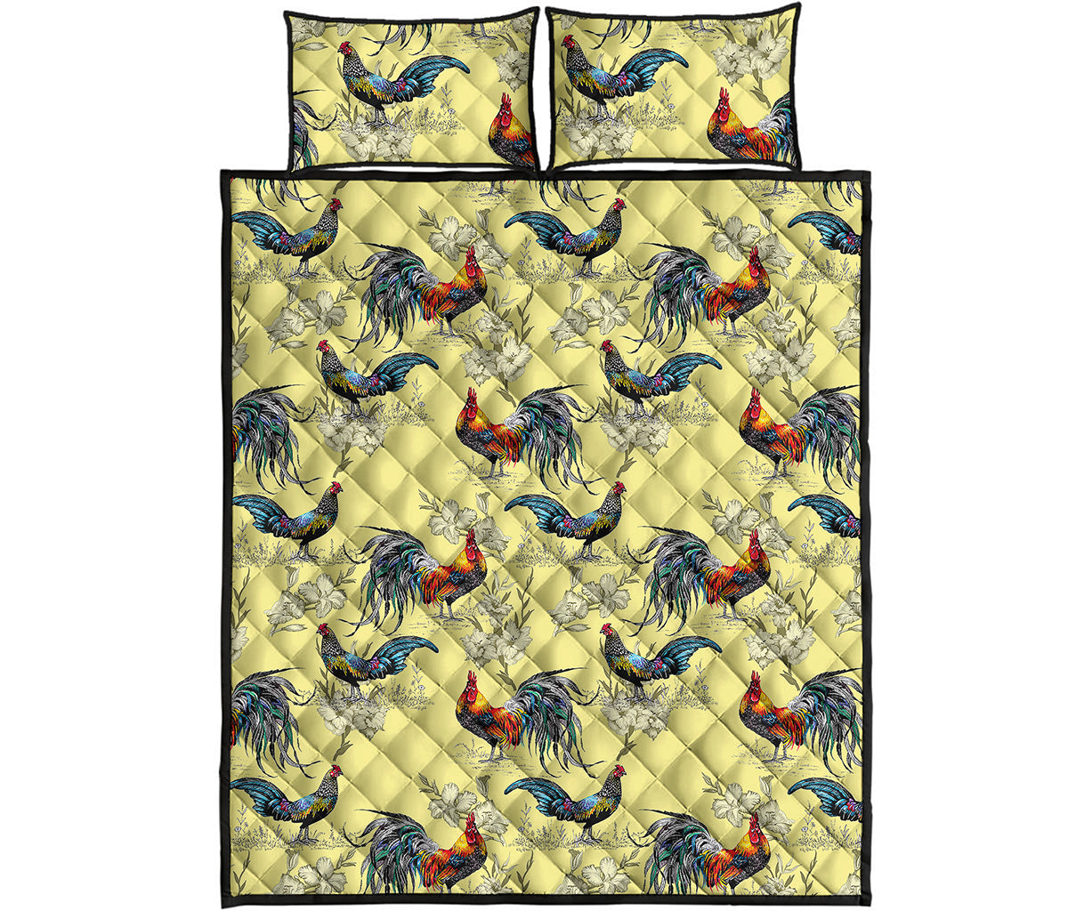 Rooster And Flower Pattern Print Quilt Bed Set