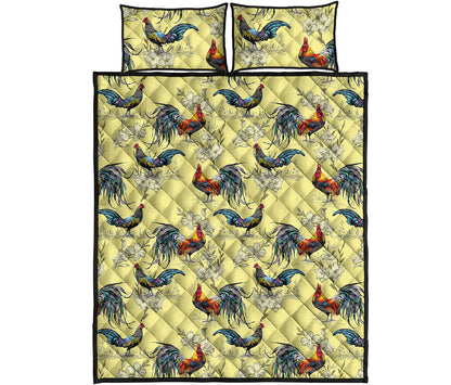 Rooster And Flower Pattern Print Quilt Bed Set