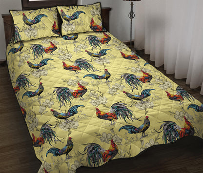 Rooster And Flower Pattern Print Quilt Bed Set