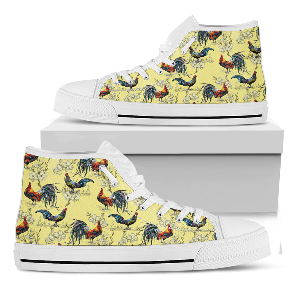 Rooster And Flower Pattern Print White High Top Shoes