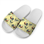 Rooster And Flower Pattern Print White Slide Sandals