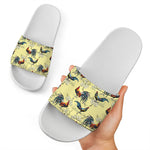 Rooster And Flower Pattern Print White Slide Sandals