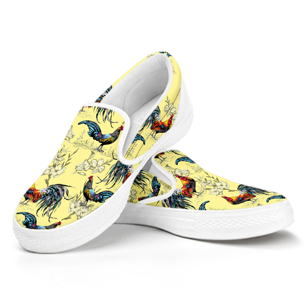 Rooster And Flower Pattern Print White Slip On Shoes