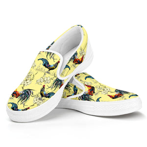 Rooster And Flower Pattern Print White Slip On Shoes