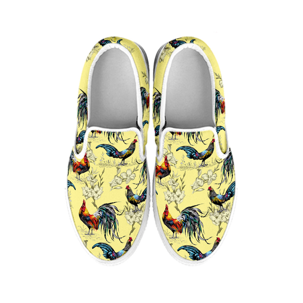 Rooster And Flower Pattern Print White Slip On Shoes