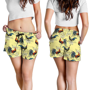 Rooster And Flower Pattern Print Women's Shorts