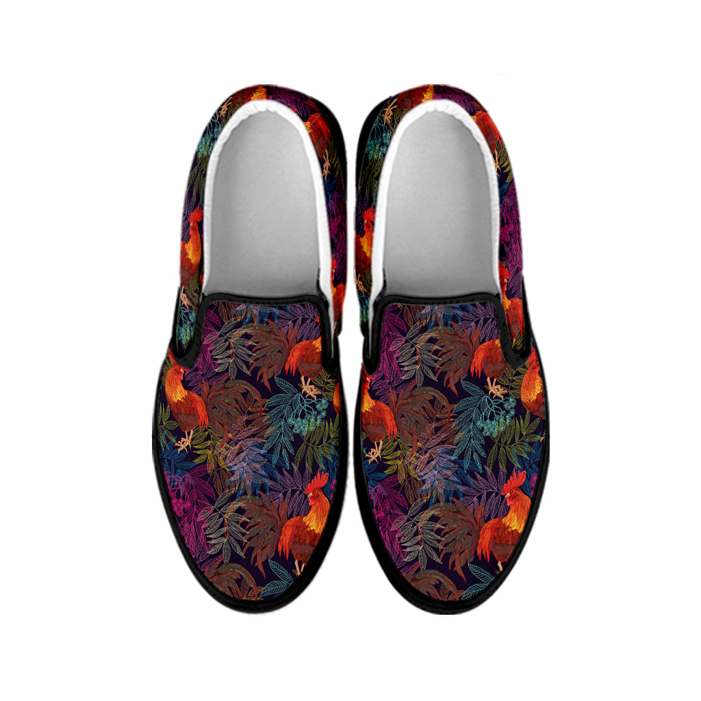 Rooster And Rowan Pattern Print Black Slip On Shoes