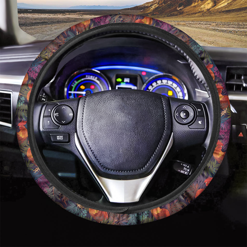 Rooster And Rowan Pattern Print Car Steering Wheel Cover