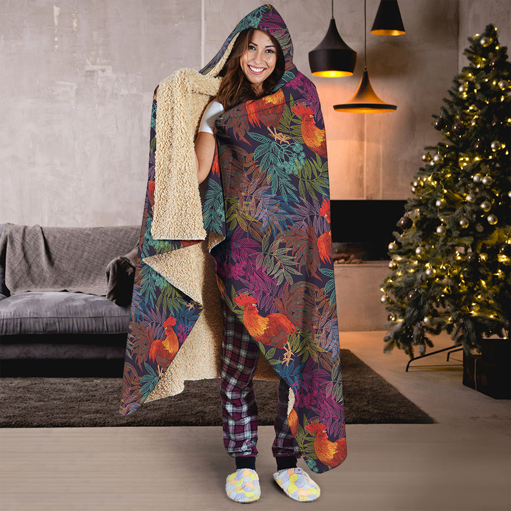 Rooster And Rowan Pattern Print Hooded Blanket