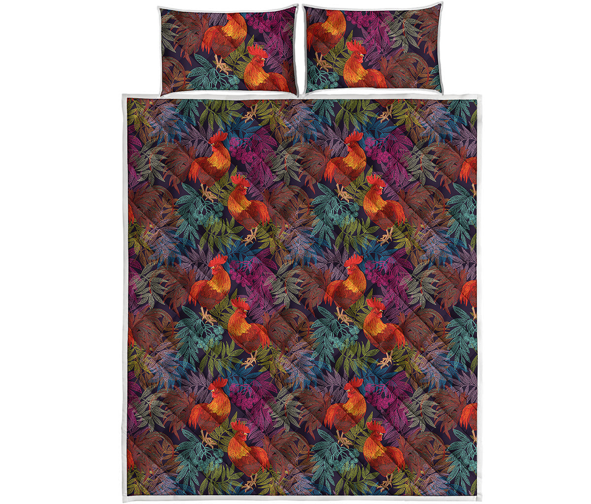 Rooster And Rowan Pattern Print Quilt Bed Set