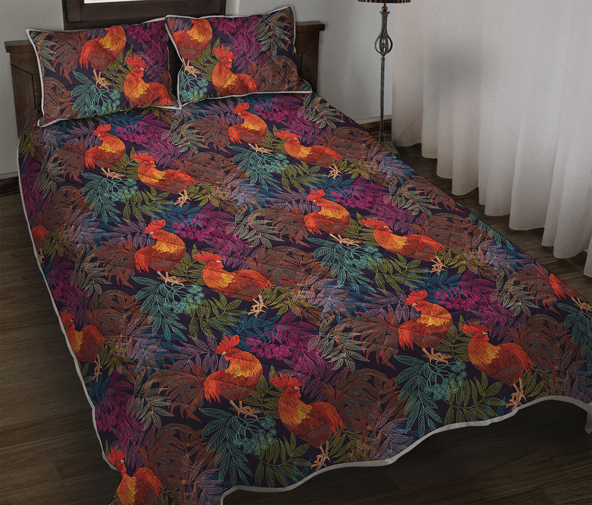 Rooster And Rowan Pattern Print Quilt Bed Set