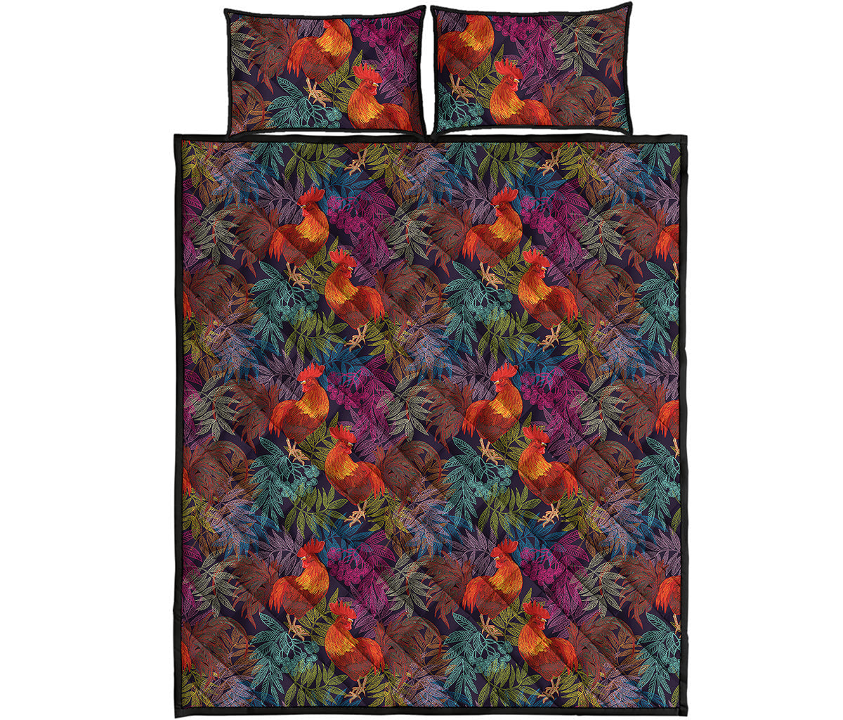 Rooster And Rowan Pattern Print Quilt Bed Set