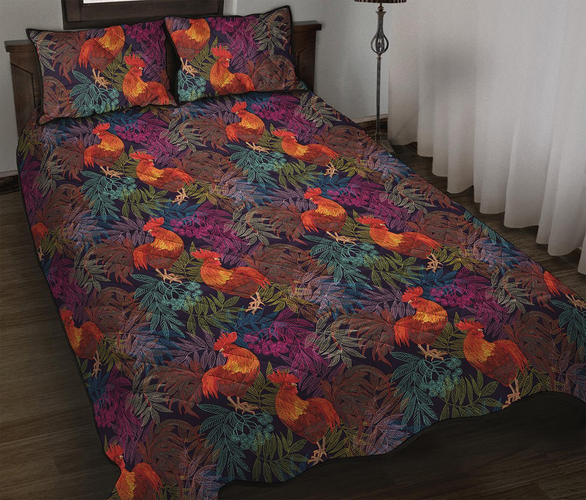 Rooster And Rowan Pattern Print Quilt Bed Set