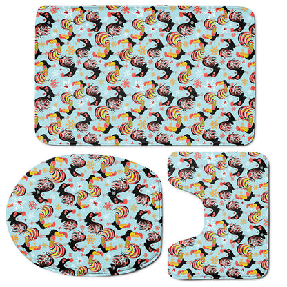 Rooster And Snowflake Pattern Print 3 Piece Bath Mat Set
