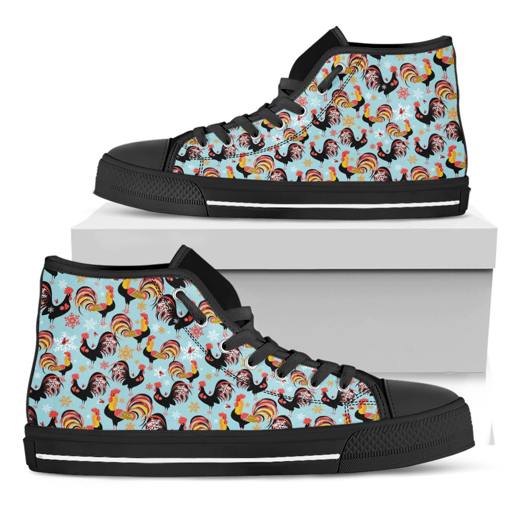 Rooster And Snowflake Pattern Print Black High Top Shoes