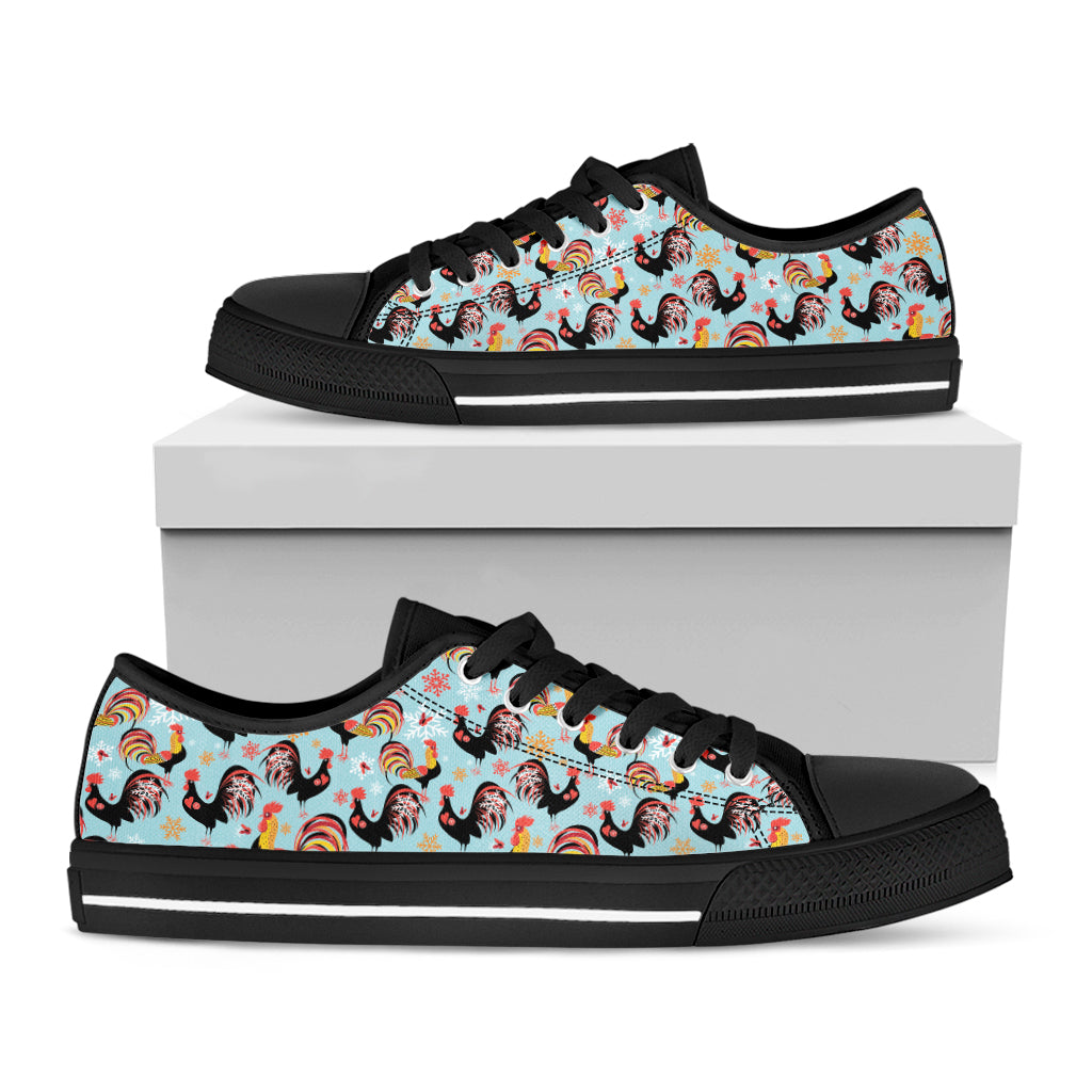 Rooster And Snowflake Pattern Print Black Low Top Shoes