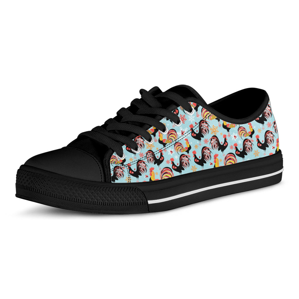 Rooster And Snowflake Pattern Print Black Low Top Shoes