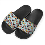 Rooster And Snowflake Pattern Print Black Slide Sandals