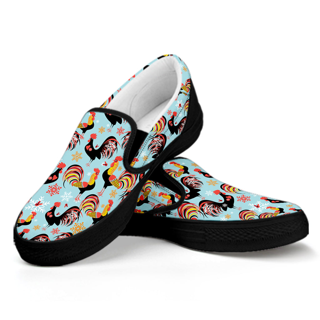 Rooster And Snowflake Pattern Print Black Slip On Shoes