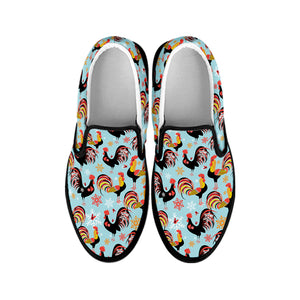 Rooster And Snowflake Pattern Print Black Slip On Shoes