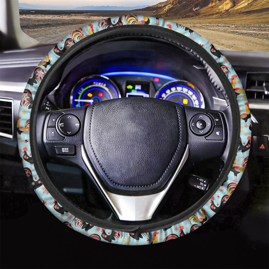 Rooster And Snowflake Pattern Print Car Steering Wheel Cover