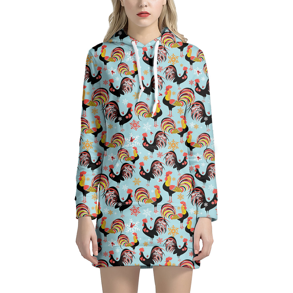 Rooster And Snowflake Pattern Print Hoodie Dress