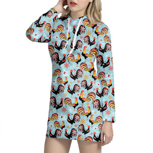 Rooster And Snowflake Pattern Print Hoodie Dress