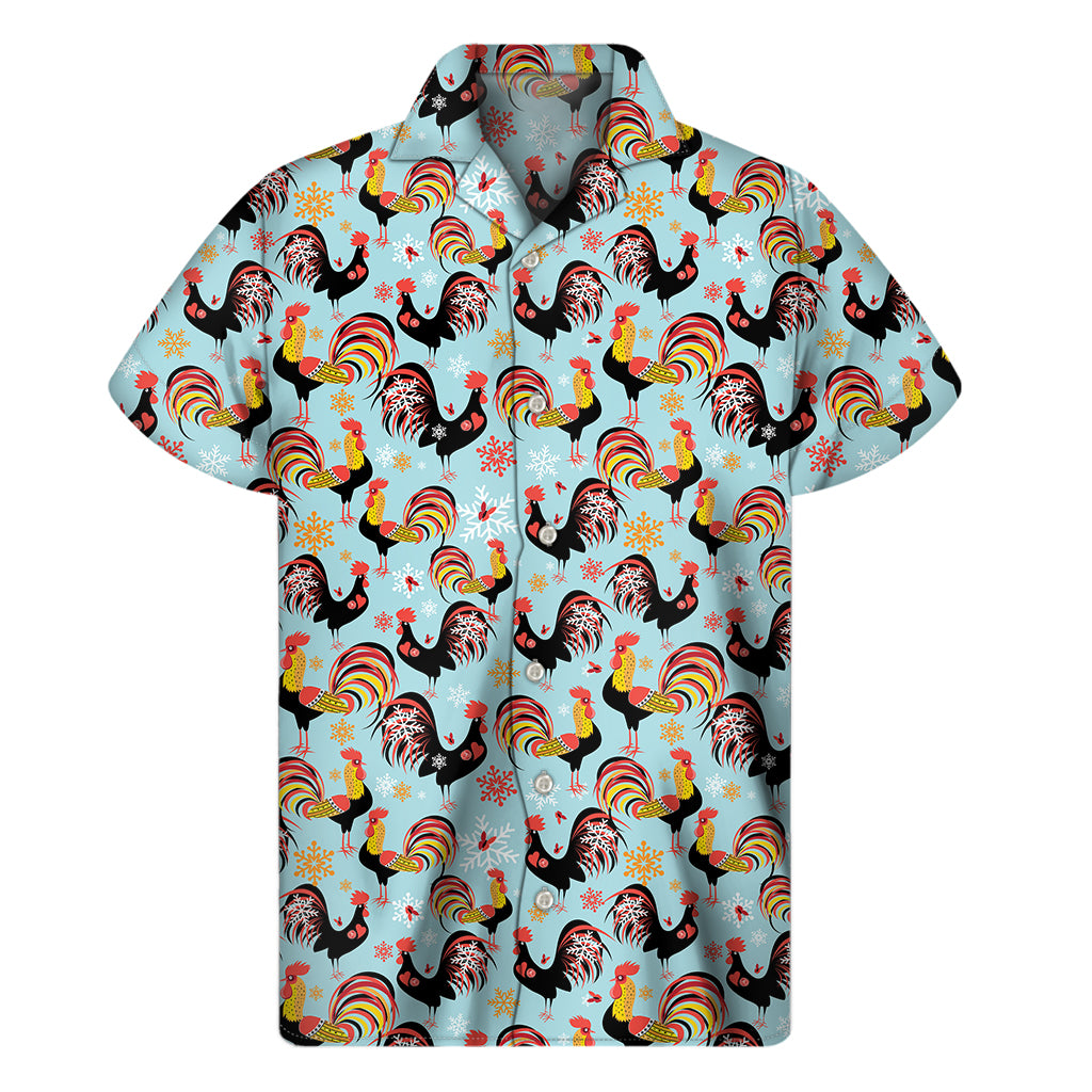 Rooster And Snowflake Pattern Print Men's Short Sleeve Shirt