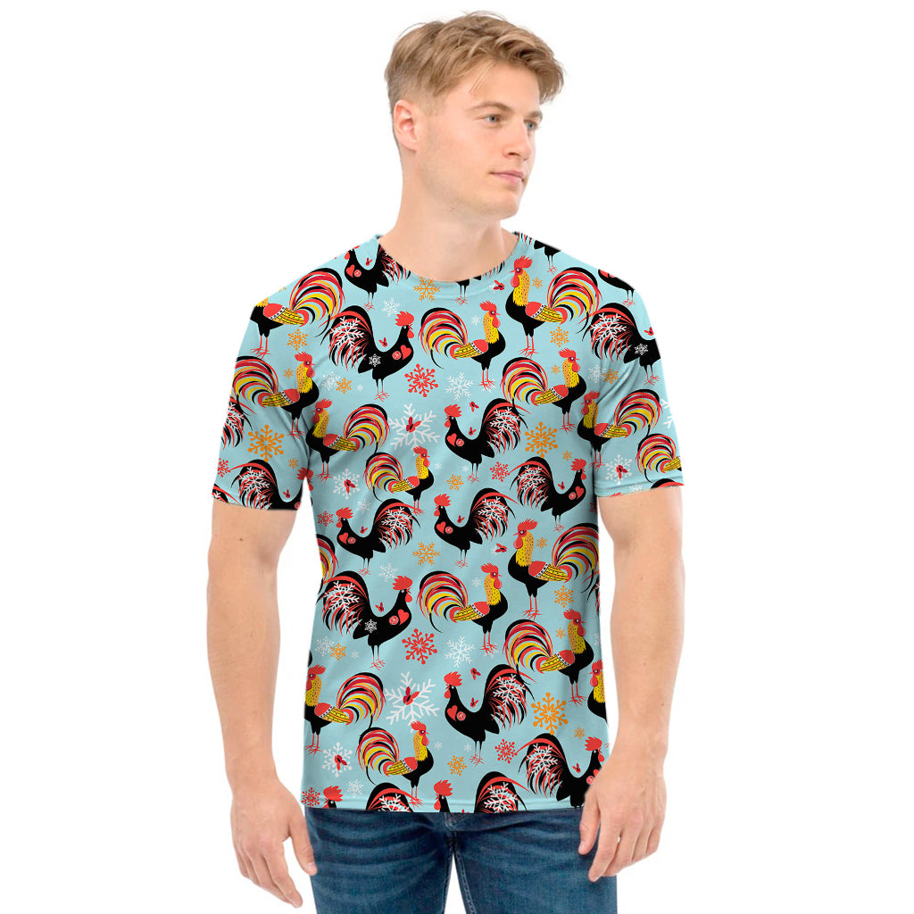 Rooster And Snowflake Pattern Print Men's T-Shirt