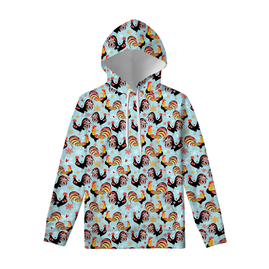 Rooster And Snowflake Pattern Print Pullover Hoodie